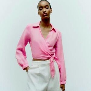 Zara Women Blouse MEDIUM Pink Crop Linen Tie Collared NWT Long Sleeves